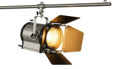 Studio Fresnel spotlight with barn doors isolated PNG, professional lighting equipment for film and photography on transparent background