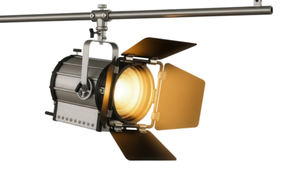 Studio Fresnel spotlight with barn doors isolated PNG, professional lighting equipment for film and photography on transparent background
