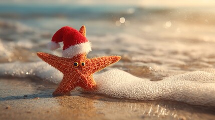 Festive Starfish Wearing Santa Hat on Tropical Beach Christmas Holiday Concept