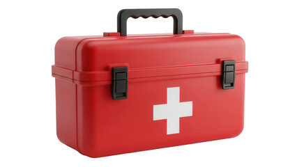 Red first aid kit PNG isolated on transparent background, medical emergency equipment for...