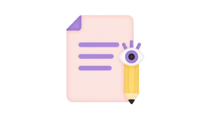 Document with eye pencil isolated PNG on transparent background, creative writing and editing concept for graphic design and web projects