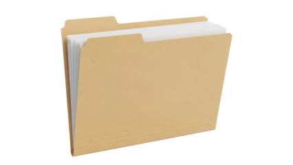 Manila file folder with documents isolated PNG, office supplies for organizing paperwork and storing important information on transparent background