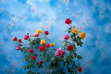 Bunch of colorful roses are in a vase on a blue wall. The roses are of different colors, including pink, yellow
