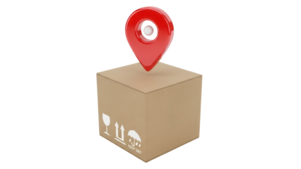 Cardboard box with red location pin isolated PNG, delivery tracking and global logistics concept on transparent background