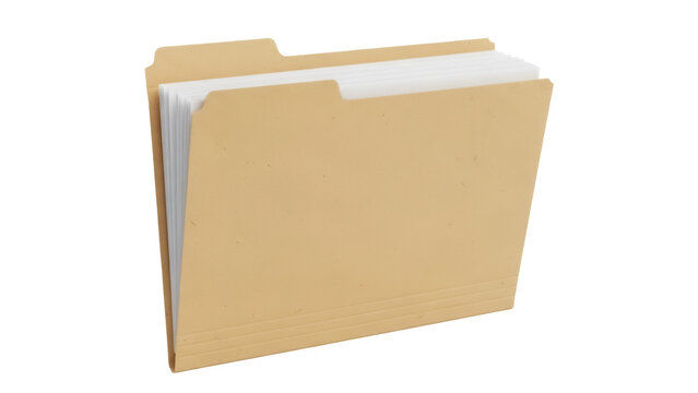 Manila file folder with documents isolated PNG, office supplies for organizing paperwork and storing important information on transparent background