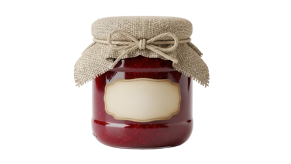 Jar of raspberry jam isolated PNG, homemade preserve with burlap cover and blank label on transparent background, sweet fruit spread