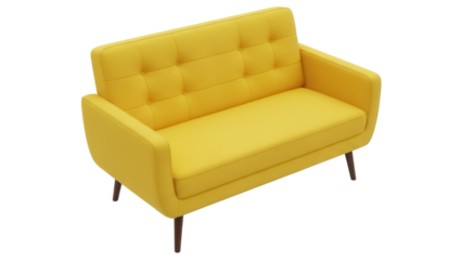 Stylish yellow loveseat isolated PNG, modern two-seater sofa with tufted back on transparent background for interior design and furniture mockups