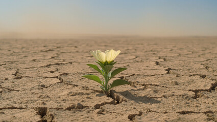 Ultra-photorealistic desert scene with endless cracked earth under harsh sun, centered on a single living flower in sharp focus, symbolizing fragile life against cinematic, documentary-style realism.
