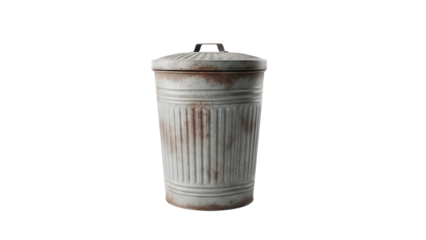 Rusty metal trash can with lid PNG isolated on transparent background, vintage garbage bin for recycling and waste management