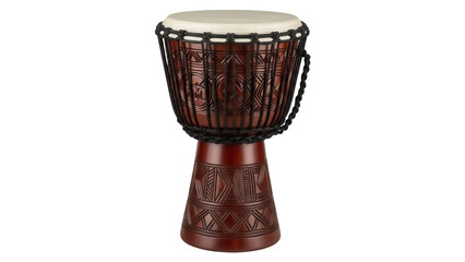 Brown djembe drum isolated PNG on transparent background, traditional African percussion instrument with intricate carvings for music and cultural events