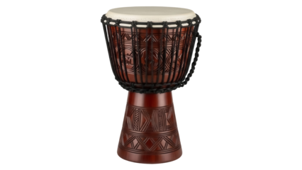 Brown djembe drum isolated PNG on transparent background, traditional African percussion instrument with intricate carvings for music and cultural events