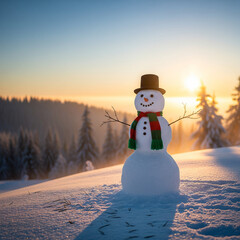 Obraz premium A cheerful snowman stands in a pristine SNOW landscape. A warm winter sunset illuminates frosted evergreen trees, creating a serene and festive seasonal atmosphere
