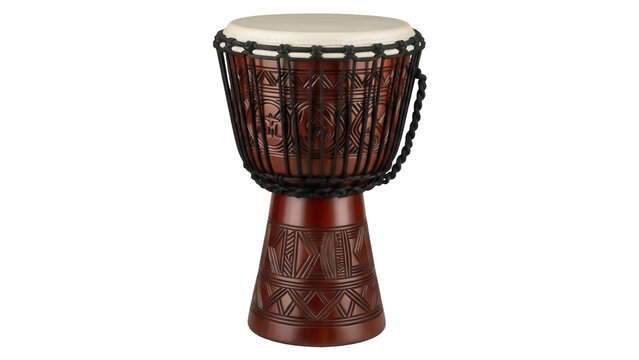 Brown djembe drum isolated PNG on transparent background, traditional African percussion instrument with intricate carvings for music and cultural events
