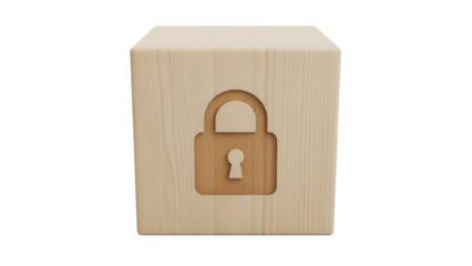 Wooden block with lock symbol isolated PNG on transparent background, security concept for children s learning and educational resources