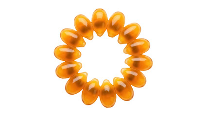 Amber-colored gel capsules arranged in a circle isolated PNG, dietary supplement for health and wellness on transparent background