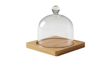 Elegant glass cloche with wooden base isolated PNG, decorative dome for showcasing desserts and pastries on transparent background © Hans