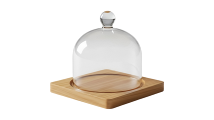 Elegant glass cloche with wooden base isolated PNG, decorative dome for showcasing desserts and pastries on transparent background