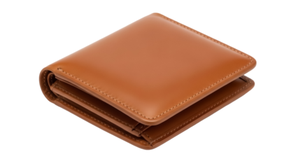 Tan leather bi-fold wallet isolated PNG, classic men s accessory for carrying cash and cards on transparent background