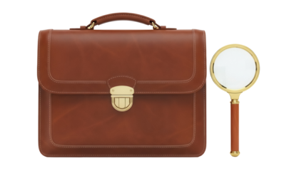 Brown leather briefcase and magnifying glass isolated PNG, business and investigation concept on transparent background