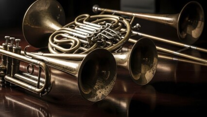 Obraz premium Assortment of aged brass orchestral wind instruments resting on a dark reflective surface
