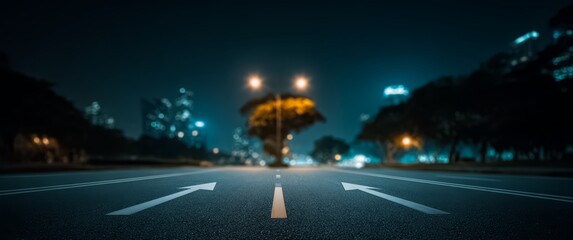 City street at night with a tree in the middle and two street lights. The street is empty