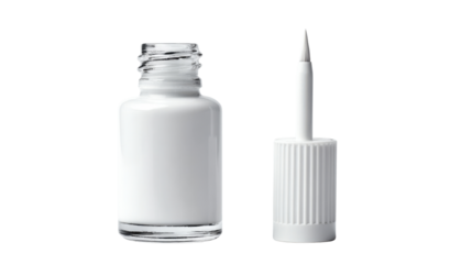 White correction fluid bottle with a brush applicator for office work and stationery needs on transparent background