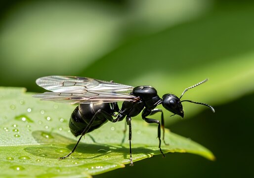 A winged black ant rests on a dewy green leaf, showing intricate details.