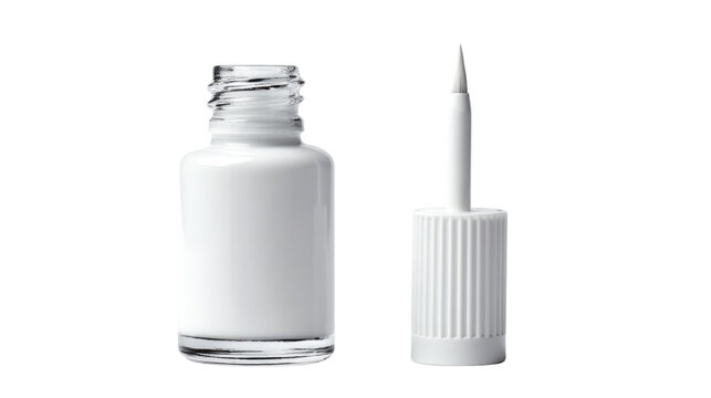 White correction fluid bottle with a brush applicator for office work and stationery needs on transparent background