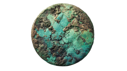 Ancient bronze coin corroding, showing turquoise patina and metallic texture, historical artifact on transparent background