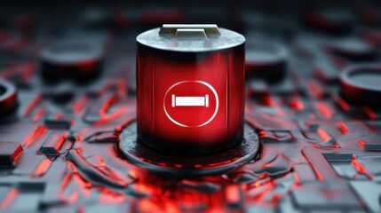 A red depleted battery icon glowing on a dark utilitarian display with intricate circuitry