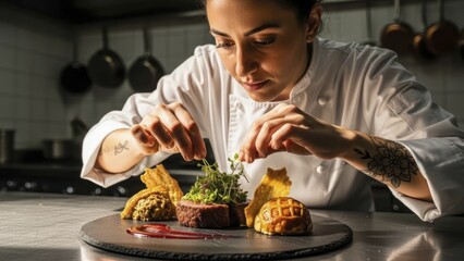 Experienced female culinary  meticulously garnishes a gourmet plate presentation in a professional kitchen environment