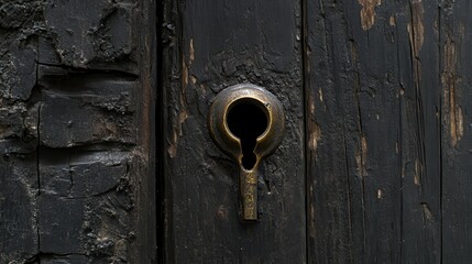 A close-up of a tarnished brass keyhole set into a dark, weathered wooden door showcasing intricate detail and antique charm