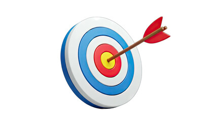 Arrow hitting target bullseye on white background