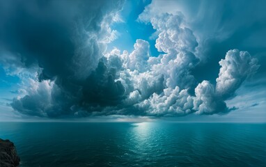 Cloudy sky with a blue ocean in the background. The sky is overcast and the ocean is calm