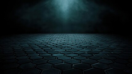 A dark and moody background features a repeating pattern of interlocking hexagonal tiles illuminated by a soft blue light emanating from above, creating a futuristic and abstract texture.