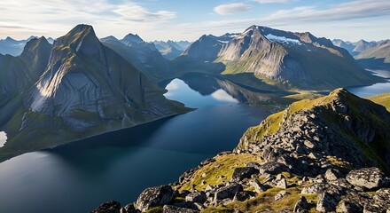 Jagged mountain peaks surround a tranquil blue lake under a bright sky.