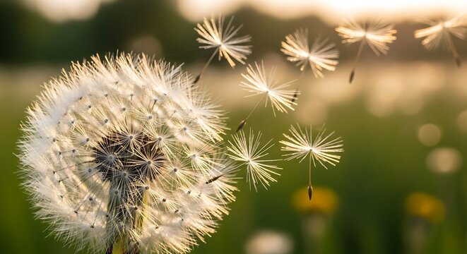 Dandelion seeds drift away on the breeze at sunset.