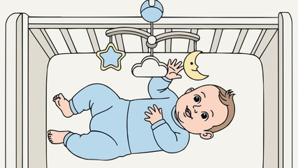 Baby in Crib with Mobile Toy Above.