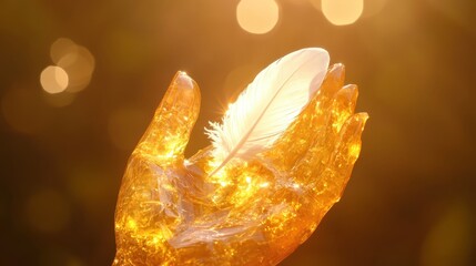 A translucent amber hand gently holding a delicate white feather illuminated by warm golden light