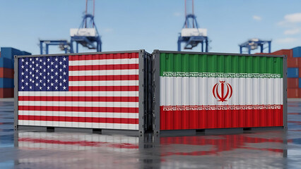 Fototapeta premium international cargo exchange with american and iranian flags