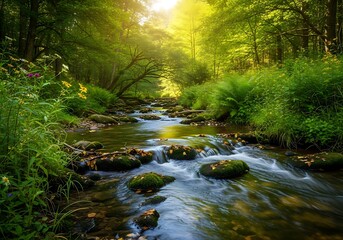 Fototapeta premium Sunlit forest stream flows over mossy rocks and lush greenery.
