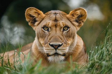 Obraz premium Majestic lioness resting in the tall grass during golden hour light