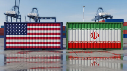international cargo exchange with american and iranian flags