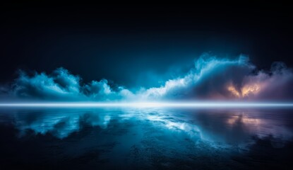 Vast body of water with a dark blue sky above it. The sky is filled with clouds, creating a sense of depth