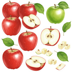 Vibrant red and green watercolor apples, whole, halved, diced, and leaves, on a transparent background with copy space. Concept of food illustration