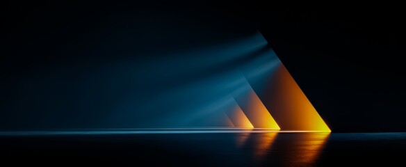 Dark room with three lighted openings. The light is reflected on the floor. The room is empty