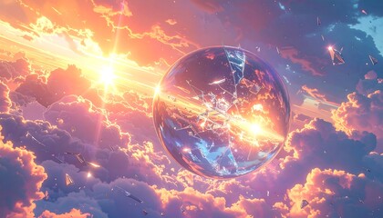 Shattered sphere reflects bright sun in colorful sky with clouds.