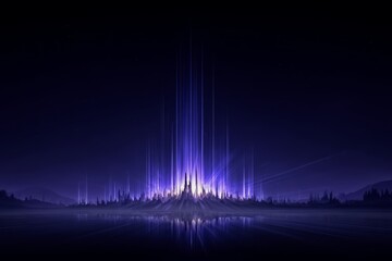 Dark sky with a large purple mountain range in the background. The sky is filled with bright blue and purple streaks