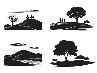 A beautiful and panoramic hill landscape silhouette set with a valley