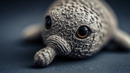 Obraz premium Miniature sculpted figurine of a stylized aquatic mammal rests on a dark surface